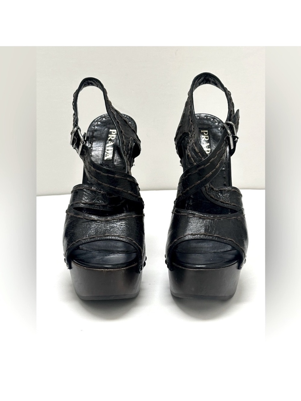 Prada Platform Black Distressed Leather Criss Cross Sandal Heels Shoes 38.5